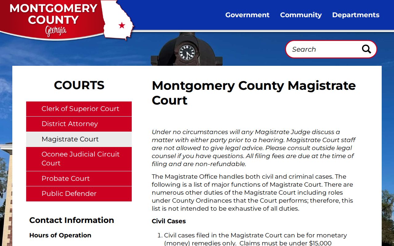 Montgomery County Magistrate Court page describing first appearances and bond hearings