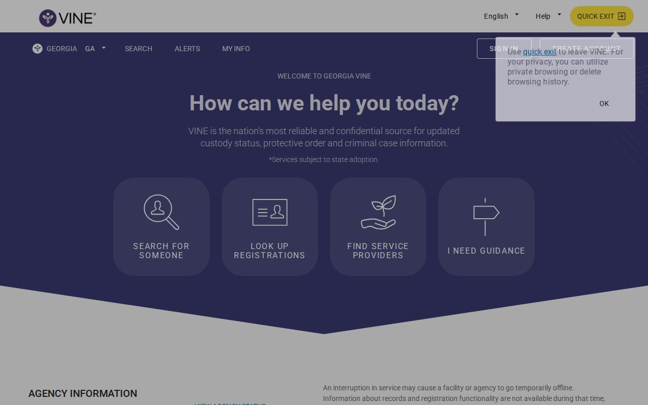 Georgia VINE official inmate custody and notification search landing page